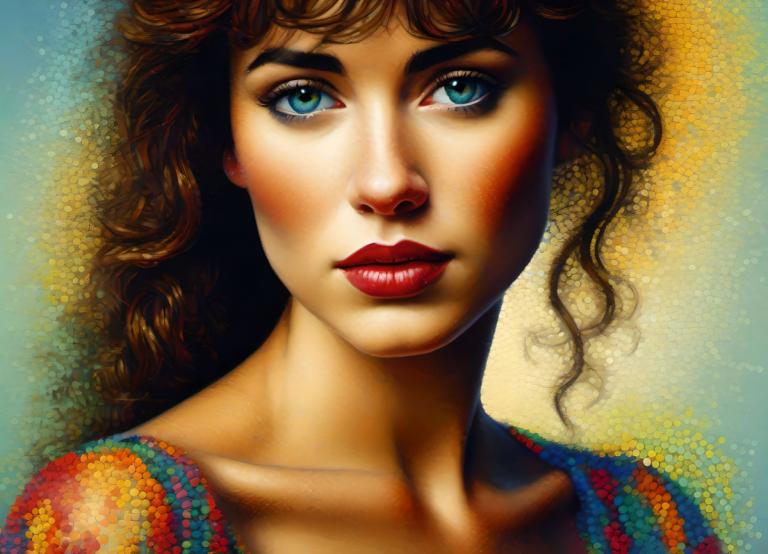 Pointillism,Pointillism, People, woman, 1girl, solo, blue eyes, brown hair, curly hair, lips, realistic