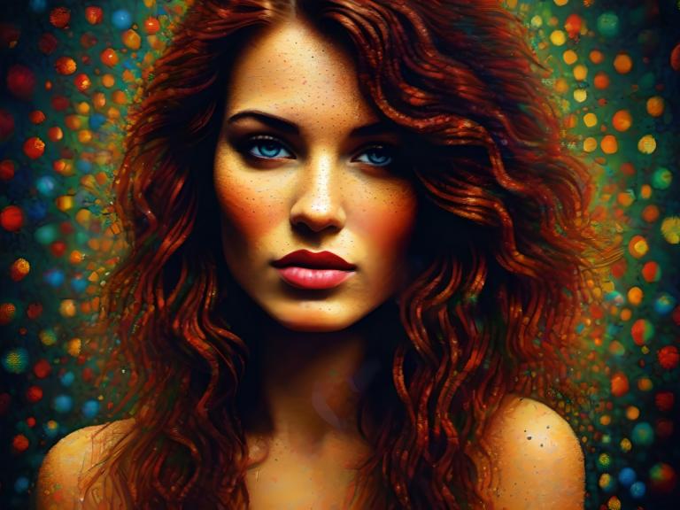 Pointillism,Pointillism, People, woman, 1girl, solo, freckles, blue eyes, long hair, realistic, lips