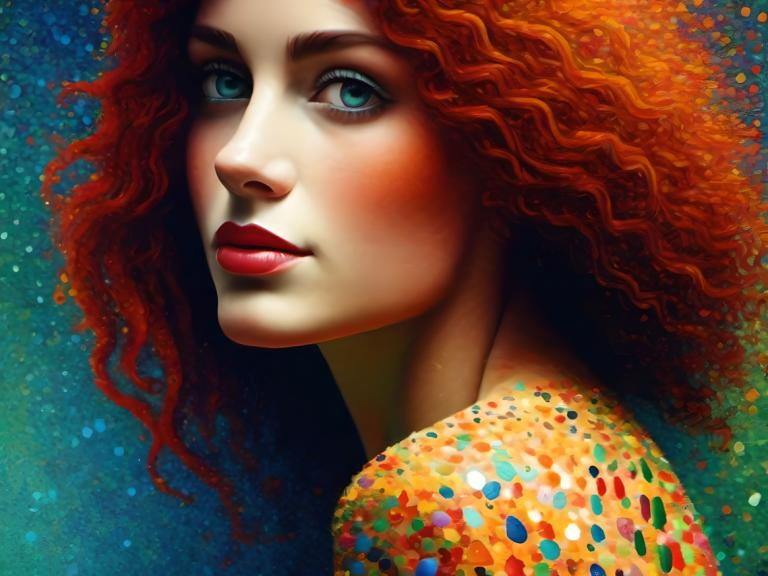 Pointillism,Pointillism, People, woman, 1girl, solo, red hair, red lips, makeup, curly hair, lips, lipstick