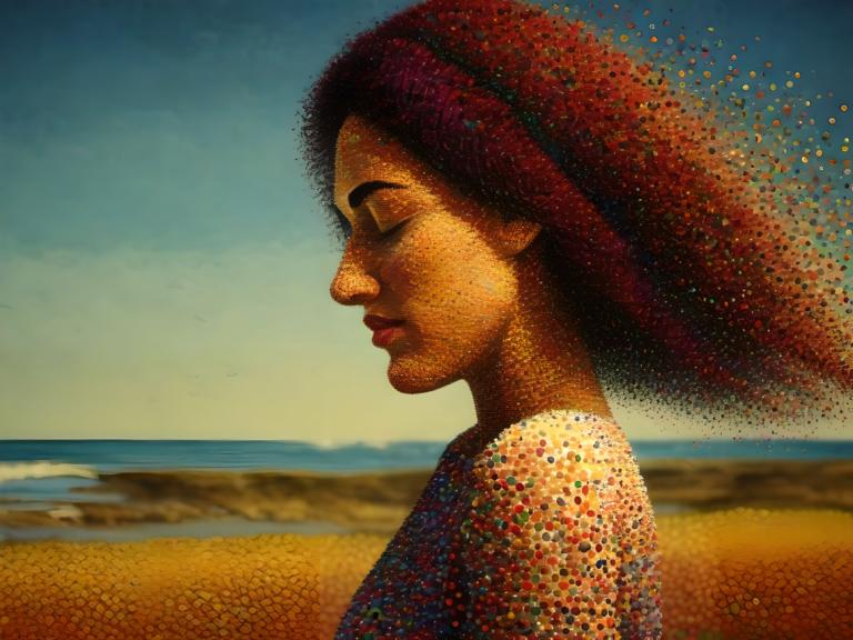 Pointillismus,Pointillismus, Menschen, Frau, 1Mädchen, Solo, Rote Haare, Profil, draußen, realistisch