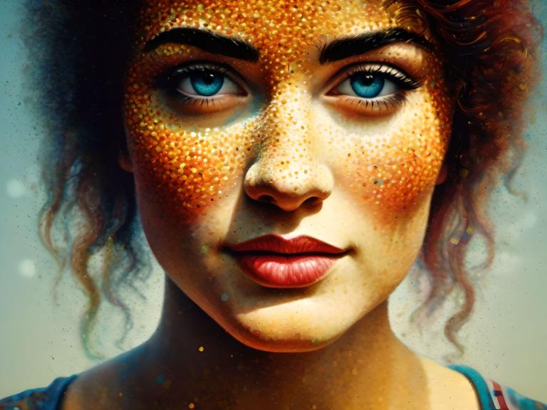 Pointillism,Pointillism, People, woman, 1girl, solo, blue eyes, portrait, realistic, freckles, lips