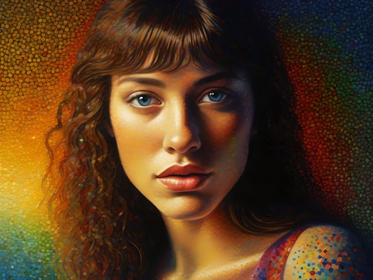 Pointillism,Pointillism, People, woman, 1girl, solo, blue eyes, brown hair, realistic, long hair, lips