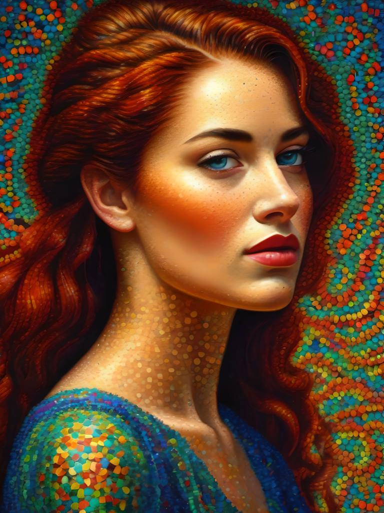 Pointillism,Pointillism, People, woman, 1girl, freckles, solo, blue eyes, long hair, red hair, realistic