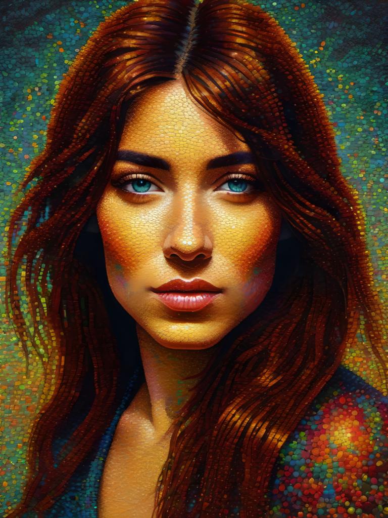 Pointillism,Pointillism, People, woman, 1girl, solo, brown hair, long hair, lips, realistic