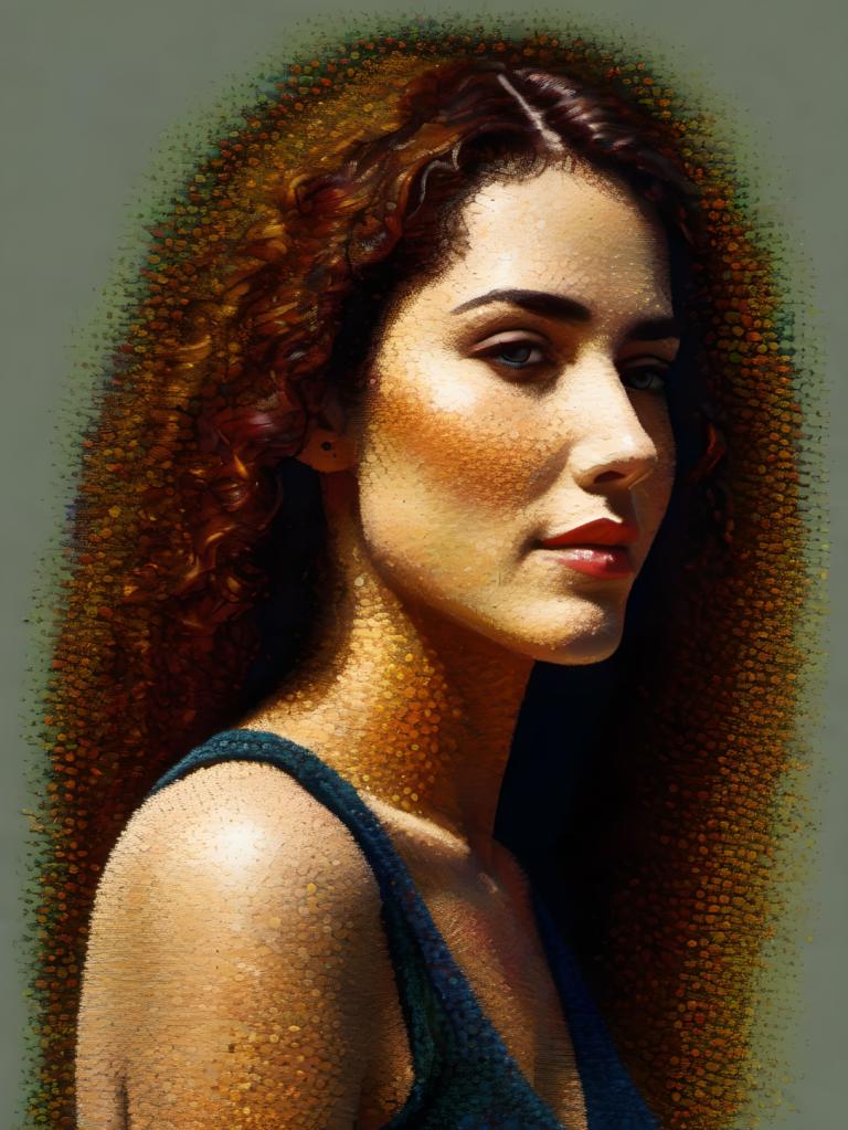 Pointillism,Pointillism, People, woman, 1girl, solo, realistic, brown hair, long hair, upper body, lips