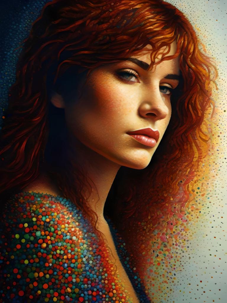 Pointillism,Pointillism, People, woman, 1girl, solo, long hair, red hair, lips, looking at viewer, realistic