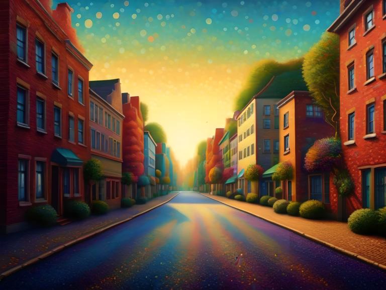 Pointillism,Pointillism, City, street, no humans, scenery, tree, outdoors, building, road, sky, sunset, house