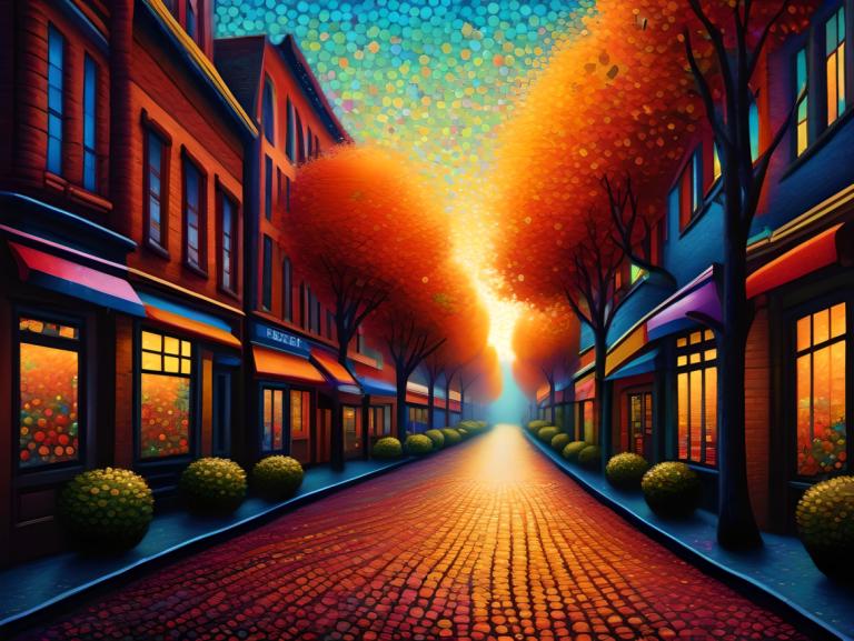 Pointillisme,Pointillisme, Stad, straat, geen mensen, boom, landschap, buitenshuis, weg, gebouw, lucht