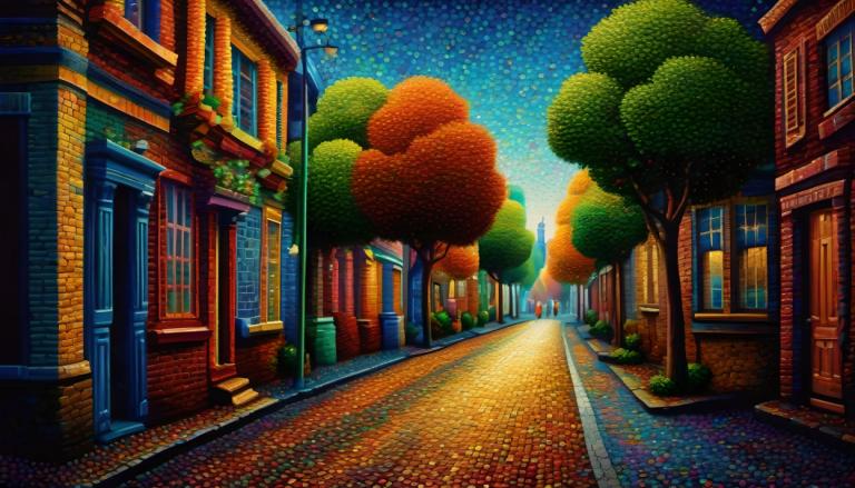 Pointillisme,Pointillisme, Stad, straat, boom, landschap, geen mensen, lucht, buitenshuis, lantarenpaal, weg