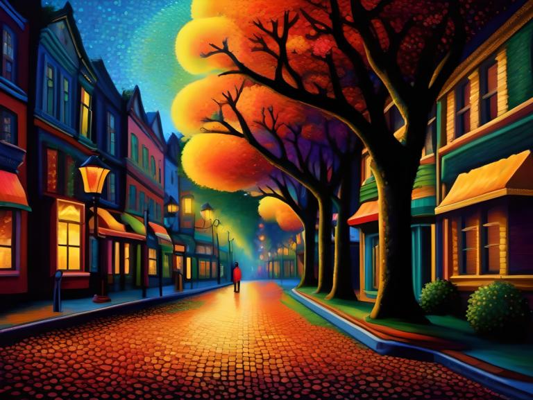 Pointillism,Pointillism, City, street, tree, scenery, night, road, sky, outdoors, building, lamppost, solo