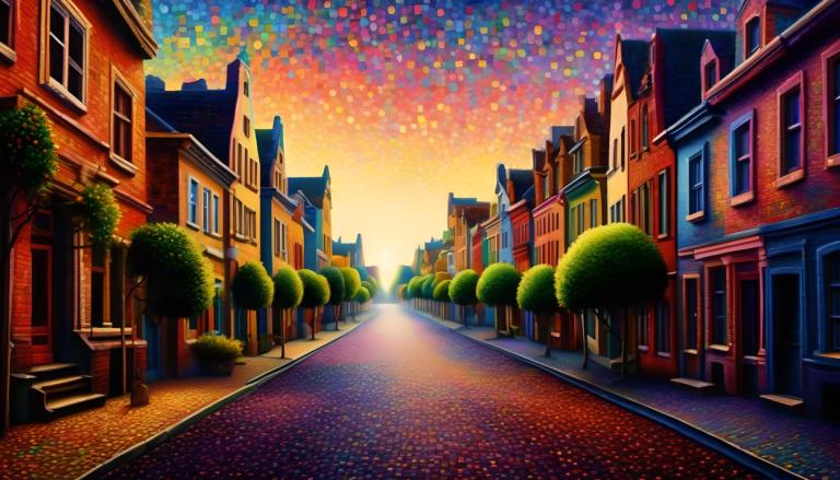 Pointillisme,Pointillisme, Stad, straat, geen mensen, landschap, boom, buitenshuis, weg, gebouw, lucht