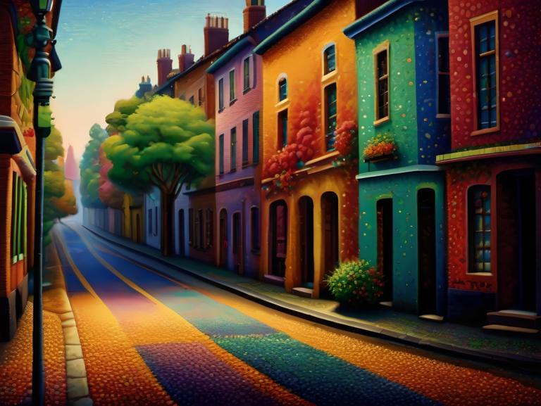 Pointillism,Pointillism, City, street, no humans, scenery, tree, sky, outdoors, road, building, blue sky