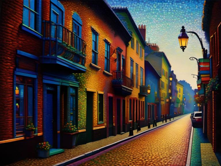 Pointillisme,Pointillisme, Ville, rue, paysage, lampadaire, en plein air, ciel, bâtiment, route