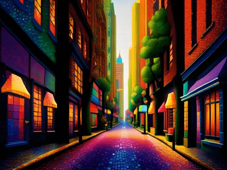 Pointillism,Pointillism, City, street, scenery, road, street, no humans, building, tree, outdoors, colorful