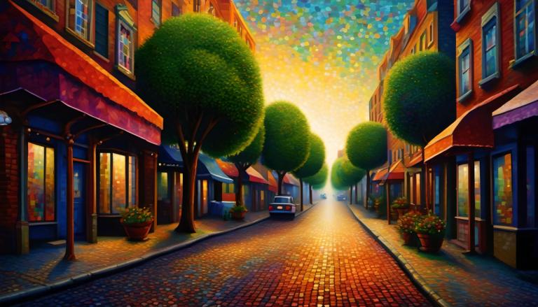 Pointillism,Pointillism, City, street, tree, scenery, road, no humans, outdoors, building, street, sunset