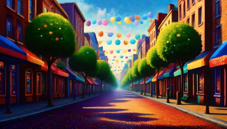 Pointillism,Pointillism, City, street, scenery, outdoors, no humans, tree, sky, road, cloud, balloon