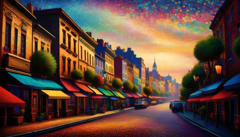 Pointillisme,Pointillisme, Ville, rue, pas d'humains, paysage, ciel, bâtiment, en plein air, voiture, route