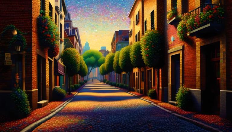 Pointillism,Pointillism, City, street, no humans, scenery, outdoors, sky, road, building, tree, plant, street