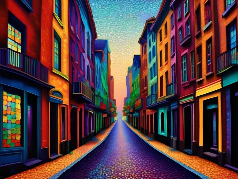 Pointillism,Pointillism, City, street, no humans, colorful, scenery, stained glass, sky, road, outdoors