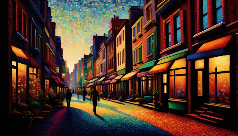 Pointillisme,Pointillisme, Stad, straat, buitenshuis, landschap, gebouw, weg, solo, straat, lopen, lucht