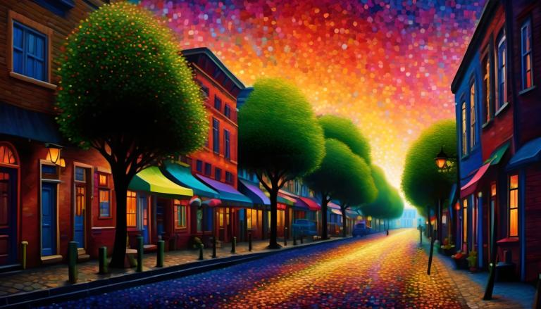 Pointillism,Pointillism, City, street, no humans, tree, scenery, road, outdoors, building, street, sky