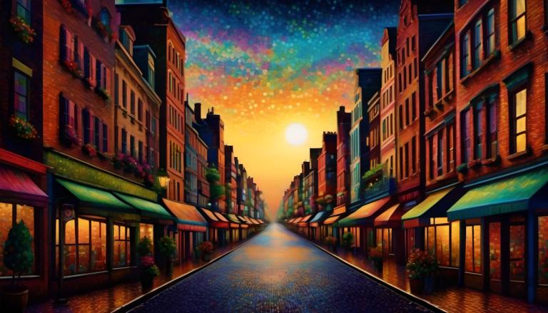 Pointillism,Pointillism, City, street, no humans, sky, scenery, outdoors, building, sunset, road, star (sky)