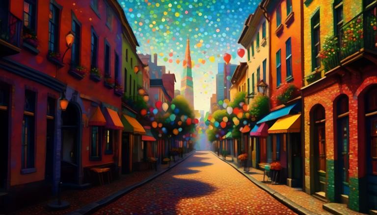 Pointillism,Pointillism, City, street, no humans, scenery, outdoors, balloon, road, street, building, sky