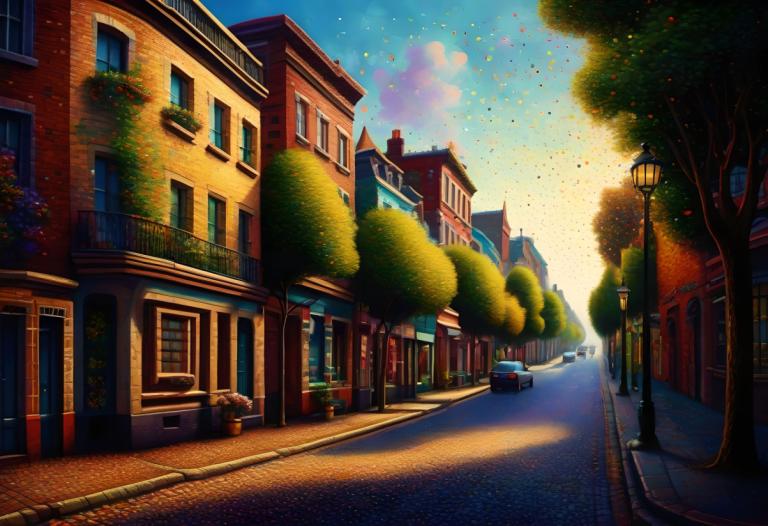 Pointillism,Pointillism, City, street, tree, no humans, scenery, lamppost, road, sky, outdoors