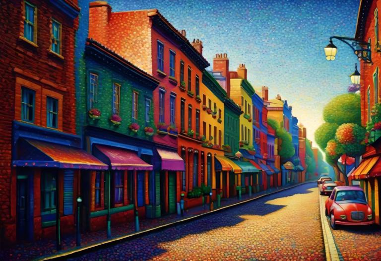 Pointillisme,Pointillisme, Ville, rue, pas d'humains, véhicule terrestre, véhicule à moteur, paysage, voiture