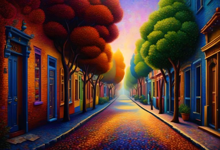 Pointillism,Pointillism, City, street, no humans, tree, scenery, outdoors, road, sunset, sky, door, building