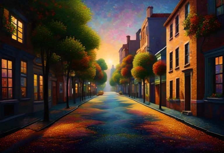 Pointillism,Pointillism, City, street, no humans, scenery, tree, outdoors, sky, building, road, sunset