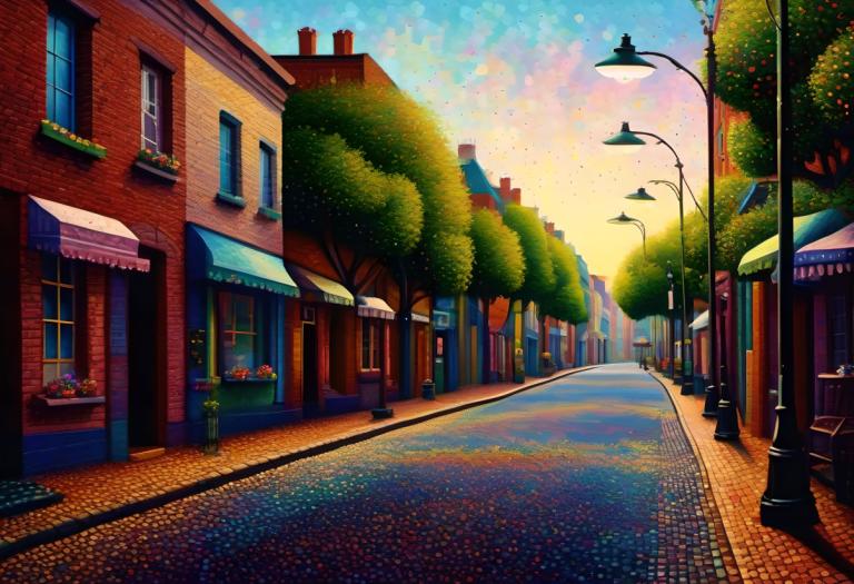 Pointillism,Pointillism, City, street, lamppost, no humans, scenery, outdoors, tree, road, sky, building