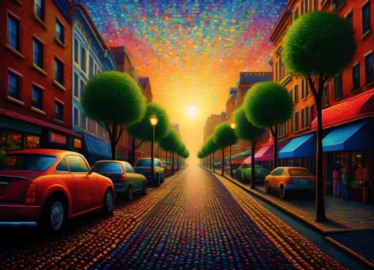 Pointillisme,Pointillisme, Stad, straat, grond voertuig, auto, motorvoertuig, boom, weg, buitenshuis