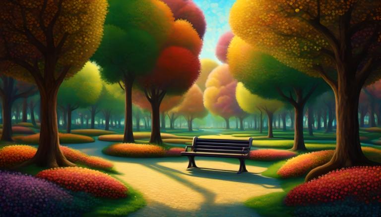 Pointillism,Pointillism, City, park, bench, tree, scenery, no humans, outdoors, autumn, sky, day