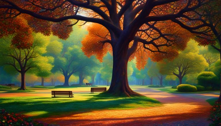 Pointillism,Pointillism, City, park, bench, tree, scenery, no humans, outdoors, park bench, park, autumn