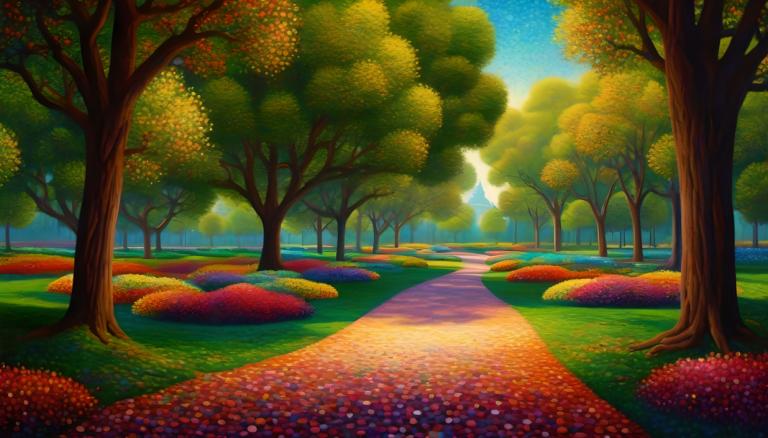 Pointillism,Pointillism, City, park, tree, outdoors, scenery, sky, no humans, grass, nature, day, path, road