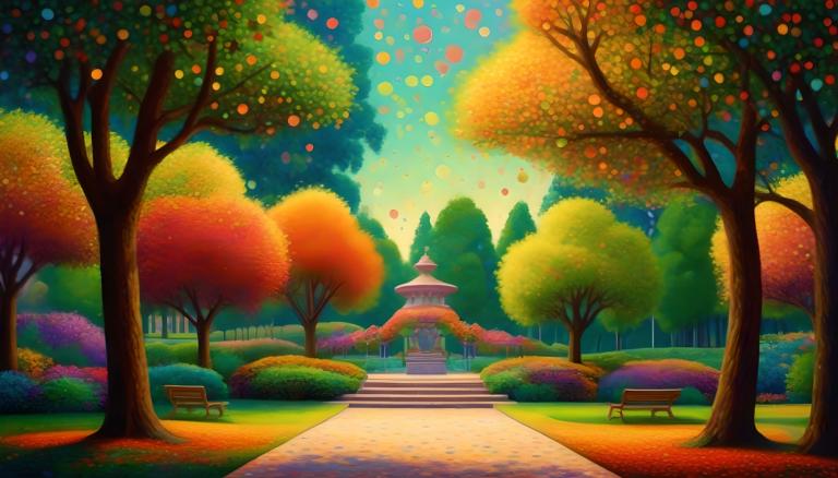 Pointillism,Pointillism, City, park, tree, no humans, scenery, outdoors, sky, grass, path, bench, road, day