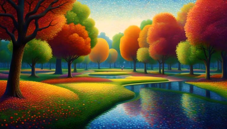 Pointillism,Pointillism, City, park, tree, scenery, no humans, outdoors, sky, reflection, grass, autumn