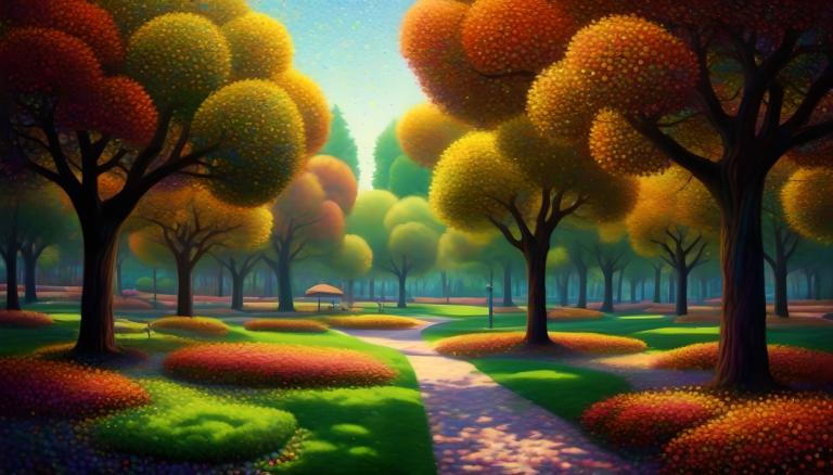 Pointillism,Pointillism, City, park, tree, no humans, scenery, outdoors, grass, sky, road, day, path