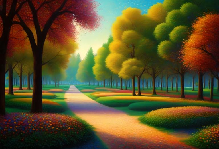 Pointillism,Pointillism, City, park, no humans, tree, outdoors, scenery, sky, grass, road, autumn, day, path