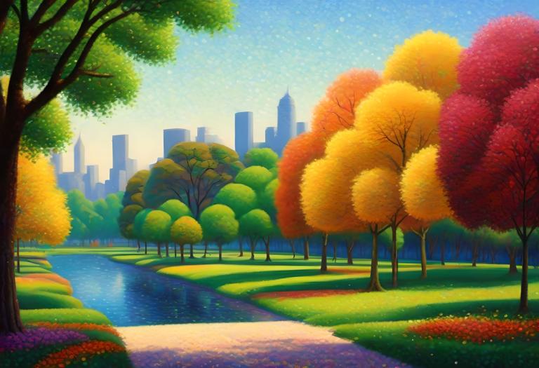 Pointillism,Pointillism, City, park, tree, no humans, scenery, outdoors, sky, grass, building, blue sky, day