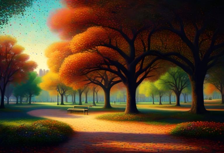 Pointillism,Pointillism, City, park, no humans, tree, scenery, autumn, autumn leaves, bench, outdoors, sky