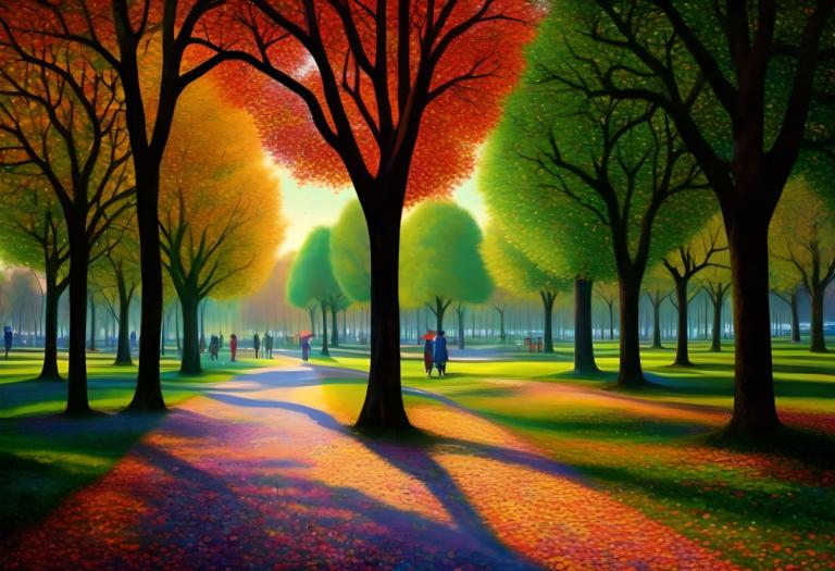 Pointillism,Pointillism, City, park, tree, scenery, outdoors, road, autumn, autumn leaves, park, no humans