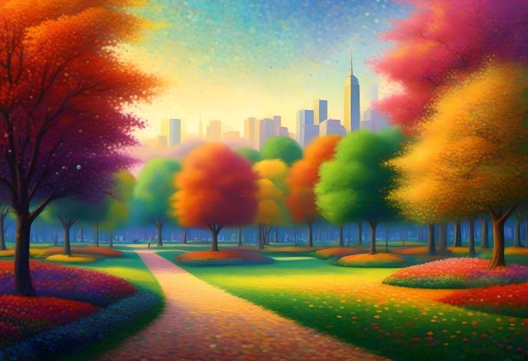 Pointillism,Pointillism, City, park, no humans, tree, scenery, outdoors, sky, autumn leaves, autumn, building