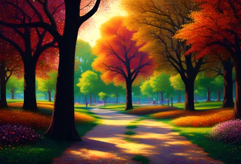 Pointillism,Pointillism, City, park, no humans, tree, scenery, outdoors, autumn leaves, autumn, grass, nature