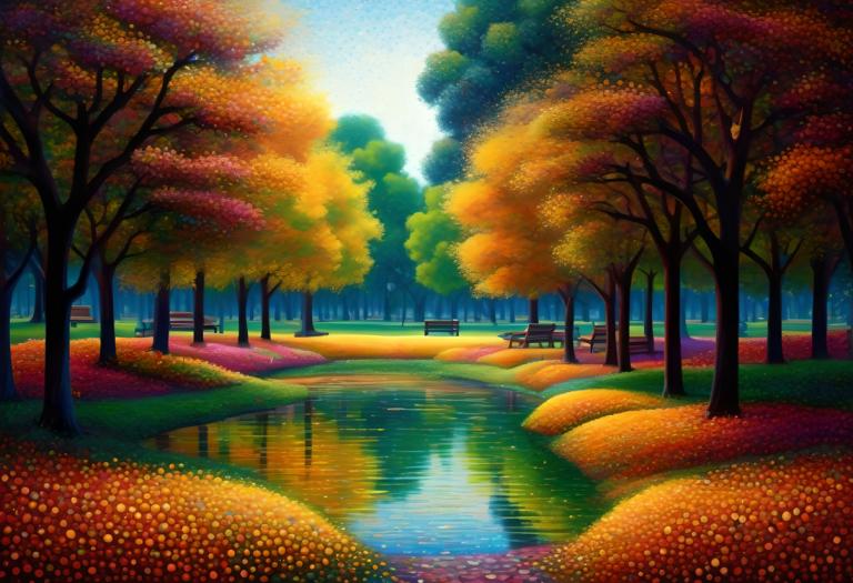 Pointillisme,Pointillisme, Ville, parc, pas d'humains, paysage, arbre, en plein air, automne, banc