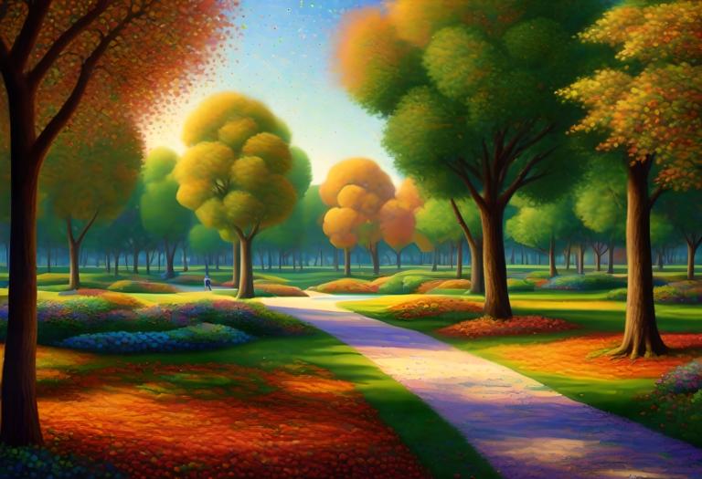 Pointillism,Pointillism, City, park, tree, outdoors, scenery, no humans, grass, sky, road, autumn