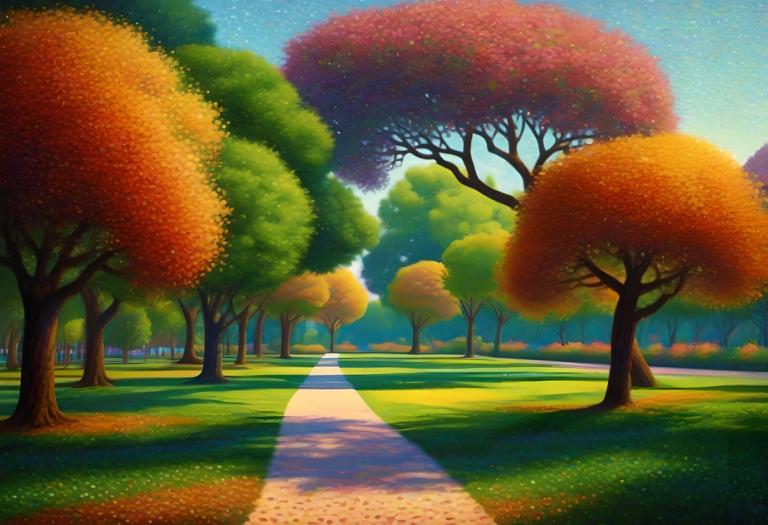 Pointillism,Pointillism, City, park, tree, outdoors, scenery, sky, grass, no humans, blue sky, road