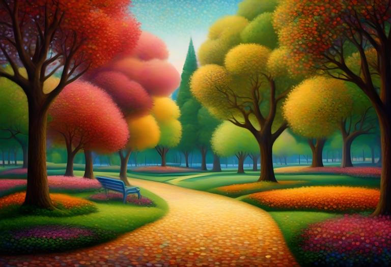 Pointillism,Pointillism, City, park, no humans, tree, bench, scenery, outdoors, sky, autumn leaves, grass