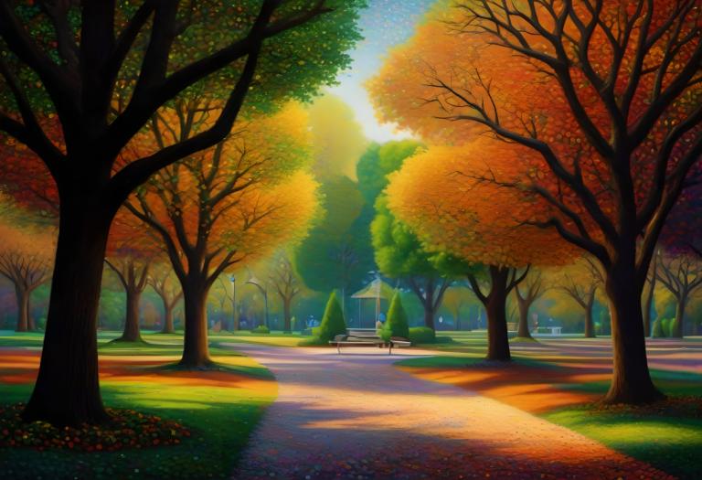 Pointillism,Pointillism, City, park, tree, no humans, scenery, outdoors, bench, sky, autumn, road, park